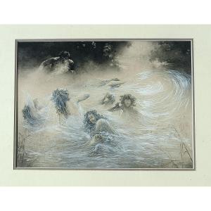 Léon Zeytline (1885–1962) - Syrinx Escaping From Pan - Ink Wash And Gouache - Circa 1905
