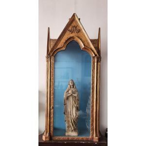 Large Religious Shrine Or Showcase In Plaster And Golden Wood 19th (162cm High)