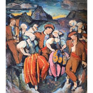 Henri Borde (1888-1958) – Large Painting (120 X 140 Cm) – Scenes Of Pyrenean Life 1/2