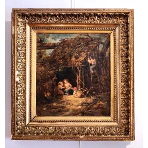 émile Aubert Lessore (1805–1876) – Rustic Scene With Children Under Shelter Of Branches