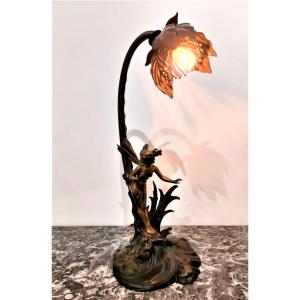 Bronze Lamp “water Lily Fairy” – Art Nouveau, France Circa 1900 