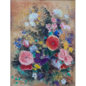 Bouquet Of Flowers In Pastel In The Style Of Odilon Redon