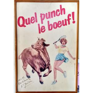 Rare Poster Pub Dedicaced Handmade Quel Punch Le Boeuf Tenniswoman Vintage Kitchen Deco