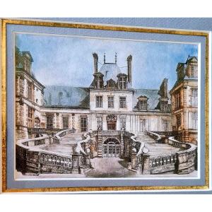 XIX E Rare Extreme Quality Color Litho Engraving Chateau Palais De Fontainebleau Napoleon