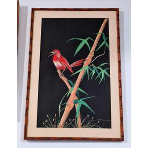 Gouache Bird Bamboo Debut XX Eme Feng Shui Painting