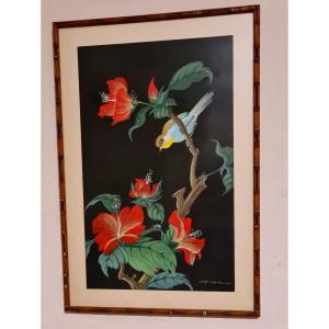 Peinture Main Gouache Oiseau Bamboo Debut XX Eme