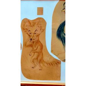 Rare Three Watercolor Pastel Hand Drawings Caricatural Color XIX Eme By Bastia Georges