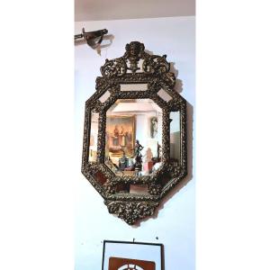 Large Brass Hexagonal Wall Mirror With Parecloses With Crest, 19th Century