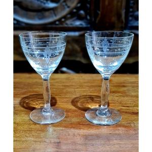 Service Tete A Tete 2 Verres Soufflés Gravés Cristal XIX Eme Saint Louis Ou Baccarat