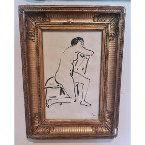 Framed Nude Ink Painting XIXe