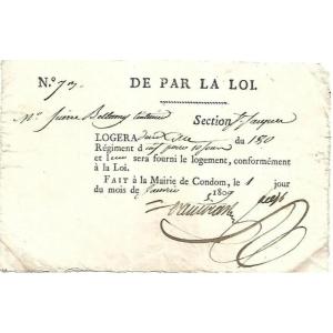 Rare First Empire. Requisition Grognard Billet De Logement. Napoleon. Military. Condom.