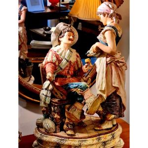 Important Group Sculpture Porcelain Barbotine Inn Musketeer Wine Pipe Inn Statue