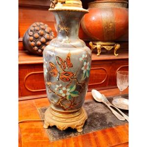 Important Pair Of Porcelain Lamps In Naturalist Enamels And Gilt Bronze 19th Century Butterfly