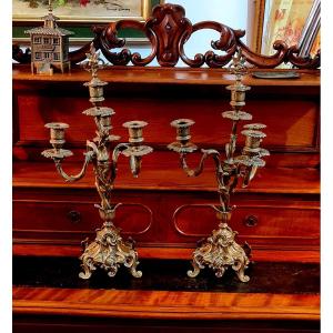 Pair Of Complete Gilt Bronze Candelabra Louis XV Style Napoleon III Period Candle Holder Candelabra