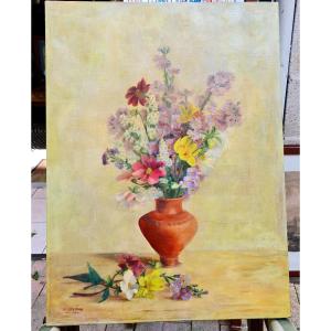 Bouquet Painting Oil On Canvas Period XIX Eme Etruscan Vase