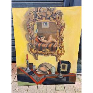 Nude Trompe L Oeil In Mirror Painting Oil On Canvas Period Art Deco