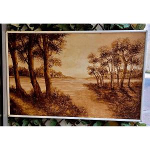 Large Hand-painted Painting Monochrome Technique Landscape On Isorel 