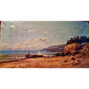 Oil Painting Emile Godchaux Beach, Lively Seaside. 19th Century. Original Painting. Navy.
