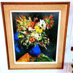 Pierra (pierre) Ambrogiani (1907-1985) Bouquet Of Flowers In A Blue Vase Oil On Panel