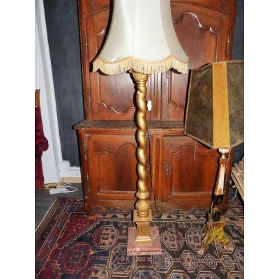 Large Golden Wood Floor Lamp Pique Candle Baroque Column Marquee Marble Base XVII / XVIII Eme