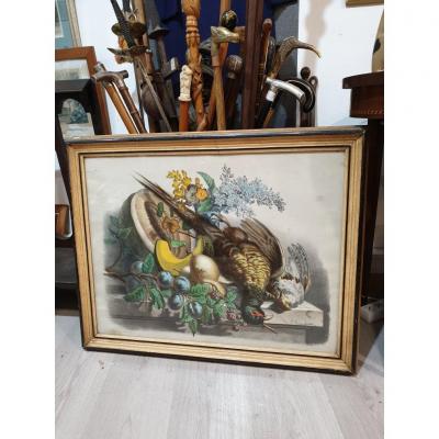 Large Litho Colors Engraving XIX Th Still Life Hunting Relay Signed Game