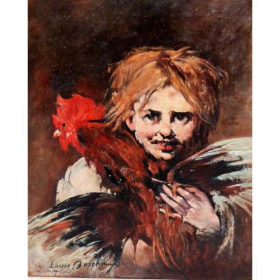 The Girl With The Rooster By Deschamps Louis Oil On Panel Painting XIX Eme  France 
