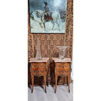 Pair Of Furniture D Entre Deux Galbėe Marquetry Louis XV Circa  XIX Eme Bronze Marble Keys Console 