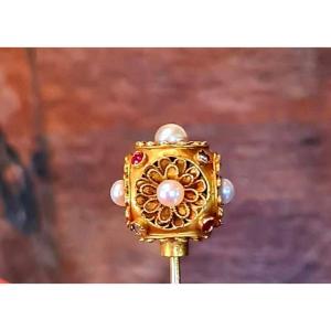 Pin Brooch Gold Ruby Diamonds Pearls Fine Flowers Pearl XIX Eme Jewelry