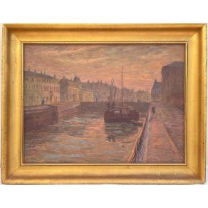 Henri Duhem - The Douai Lock At Dusk - Oil On Canvas