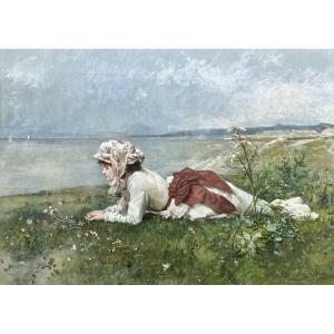 Ferdinand Heilbuth - Woman Lying On A Shore - Watercolor