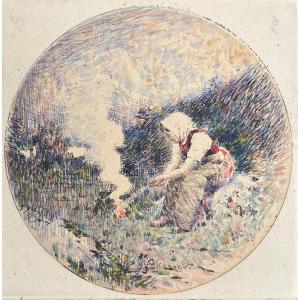 Eugène Charvot - Paysanne Brûlant Des Herbes, Au Crépuscule - Watercolor Etching