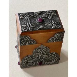Wooden Playing Card Box With Pewter Appliques And Cabochons
