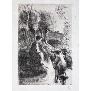 Camille Pissarro - Vachere Au Bord De l'Eau - Etching And Drypoint
