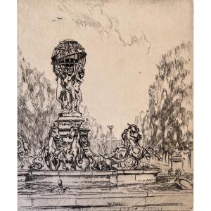 Eugene Veder - La Fontaine De l'Observatoire (paris) - Etching