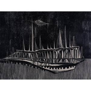 André Toussaint (1923-2006). Woodcut. "abstract Landscape" No. 3/5. 1960.