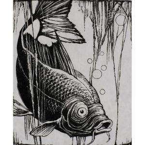 André Toussaint (1923-2006). Woodcut. "koï" 鯉 80's.