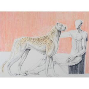 André Toussaint (1923-2006). Mixed Media Drawing. Circa 1986. "enigma" Surrealism. Cheetah