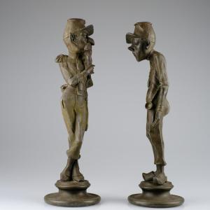 Pair Of "grotesque" Caricatural Candlesticks Of Soldiers Attr.to Emile Guillemin. Caricature