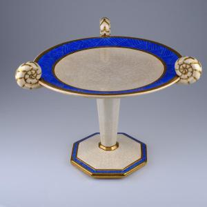 Fruit Or Biscuit Stand In Crackled And Glazed Ceramic. Longwy. Art Deco. France.