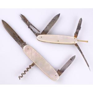 Lot Of 2 Antique Pocket Knives With A Mechanism — Mother-of-pearl — Thiers Cutlery? - Corkscrew.