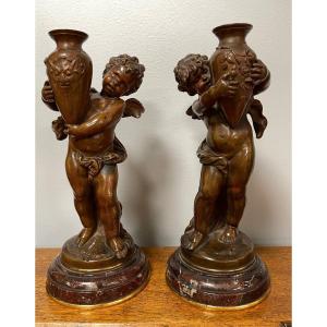 Pair Of Bronze Cherubs Signed Auguste Moreau