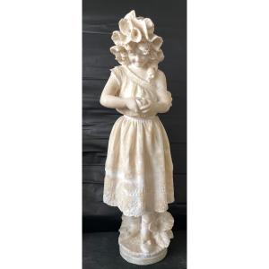 Young Girl With Clementine, Alabaster Sculpture