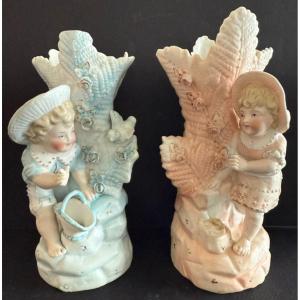 Paire De Petits Vases Bleu Et Rose