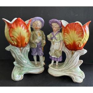 Pair Of Small Porcelain Boy And Girl Vases