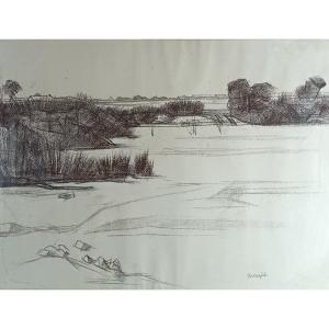 Charles Kvapil – Lagoon Landscape – Drawing On Paper – Circa 1930