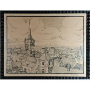 Panorama Of Nivelles Before 1940 – Black Pencil On Paper – 1945