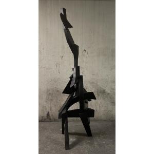 Large Abstract Sculpture In Black Painted Wood