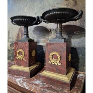 Pair Of Empire Cassolettes In Cherry Marble And Gilt Bronze