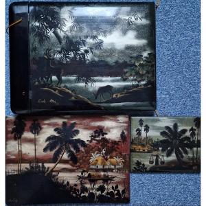Lot Panels And Album In Vietnam Lacquer Signed Thanh Lê, Canh Am And Others