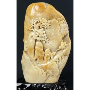 Chinese Soapstone Boulder In The Shape Of A Mountain With Immortal In A Mountainous Landscape